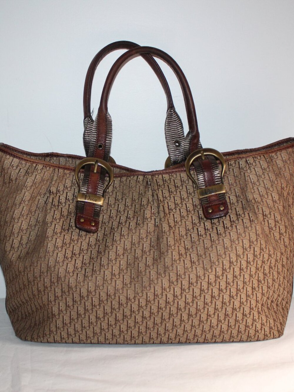 Christian Dior Vintage Trotter Canvas Tote Monogram  Brown Buckle Shoulder Bag